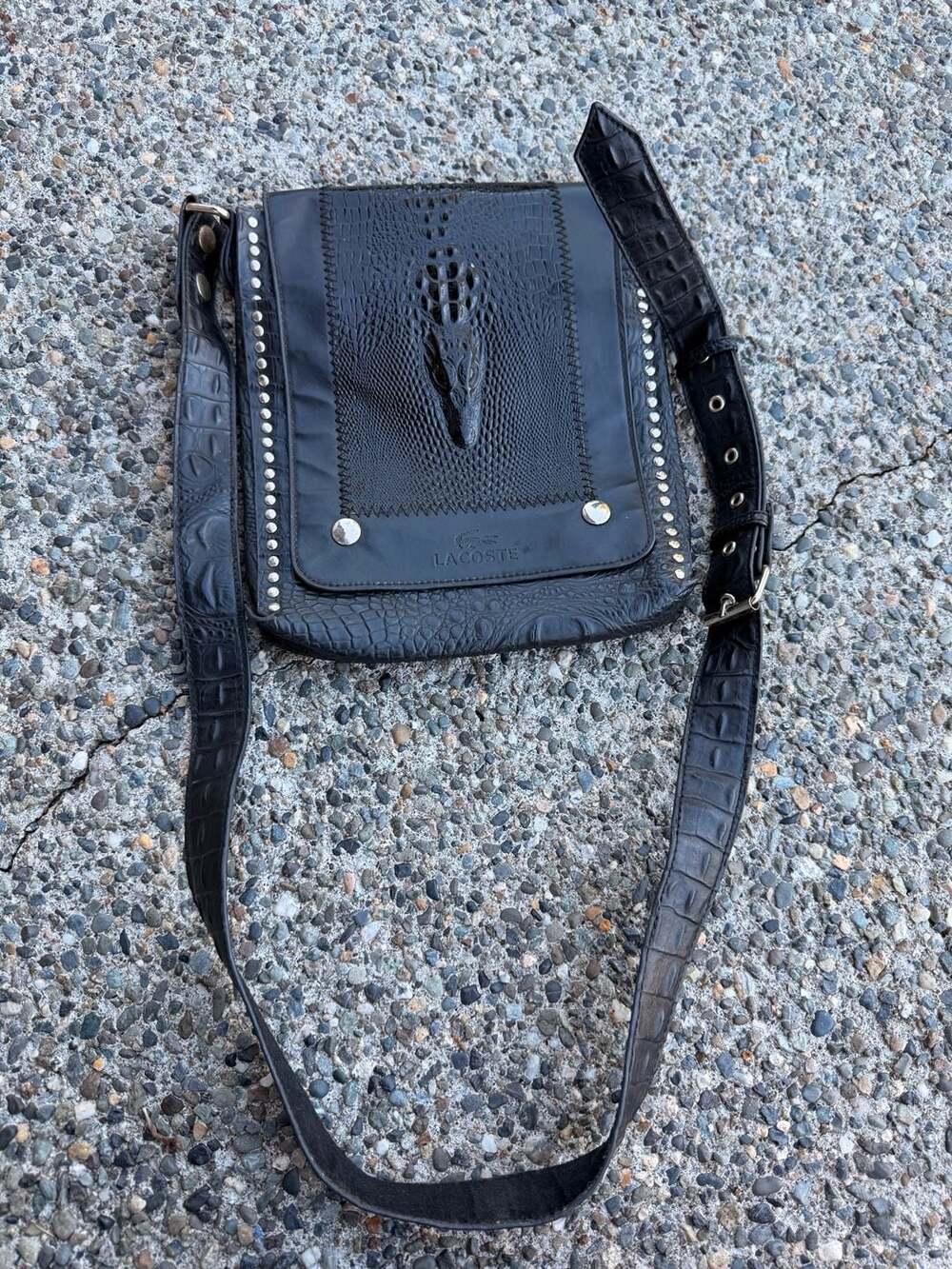 Lacoste Crocodile Embossed Leather Crossbody Bag with Studded Accents